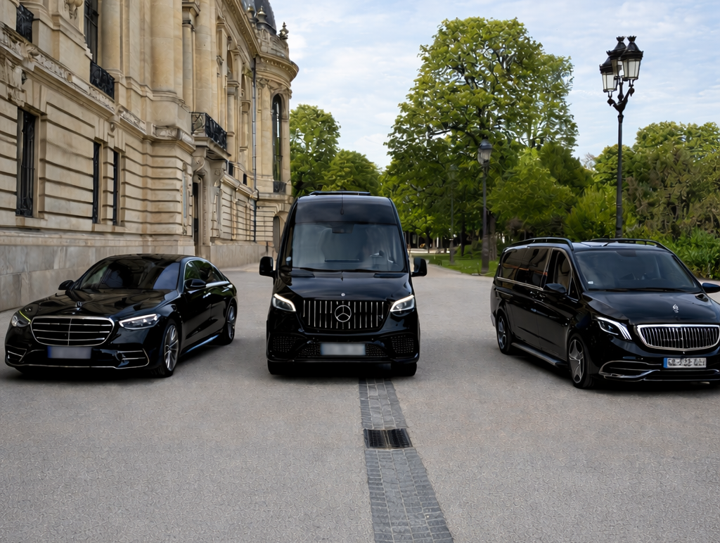 Flotte chauffeur privé haut de gamme Van VIP Paris — Mercedes Van VIP & Sprinter VIP Van VIP Paris — Flotte Mercedes noire devant monument parisien, Classe S, Sprinter VIP et V-Class
